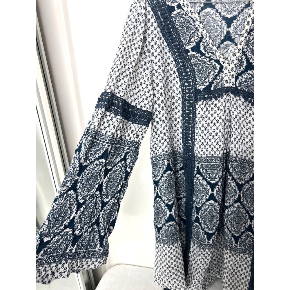 Knox Rose Boho Dress M Blue White Tassels Embroidered Knee Length - Picture 6 of 6